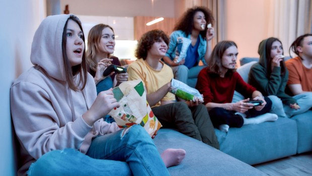 Friends spending time together in the living room