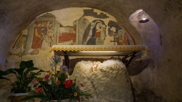 Nativity Cave in Hermitage Shrine (Santuario di Greccio) erected by St. Francis of Assisi