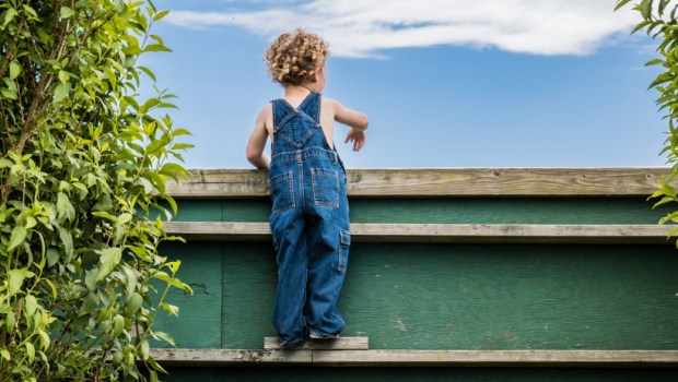A little boy is looking over the fence watching older children play games over the wall