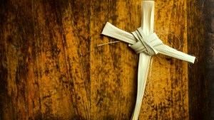 This Palm Branch was folded into a Cross shape and photographed on an antique wooden seat