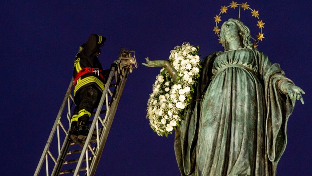 Homage Of The Fire Brigade To The Immaculate Conception Column In Piazza Di Spagna Rome
