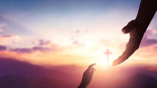 God reaching out to help people on cross background