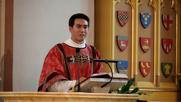 Deacon Mathias Bruno Ledum addresses congregation at his ordination in Oslo, Norway